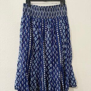 Marrakech smocked midi skirt size Large printed flowy blue white block print
